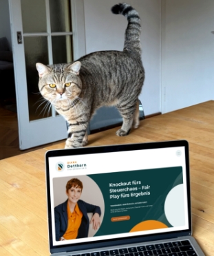 Foto vom Laptop der am Boden steht und die Webseite von Steuerberaterin Diana dettbarn anzeigt, im Hintergrund eine getiegerte Katze